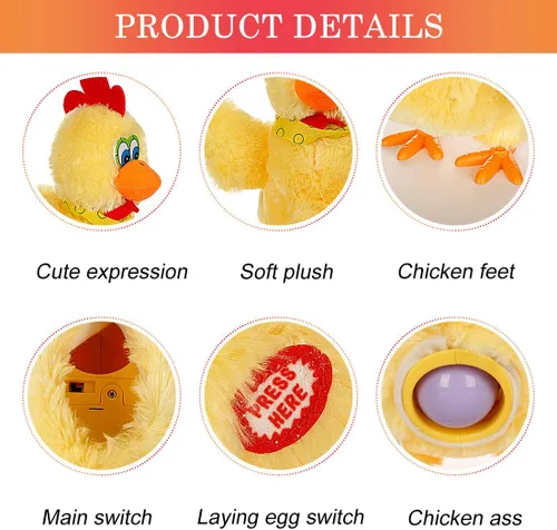 Vista 4 de Muñeca de juguete de animal de pollo de Pascua que pone huevo eléctrico loco juguete de pollo de felpa con música sonora