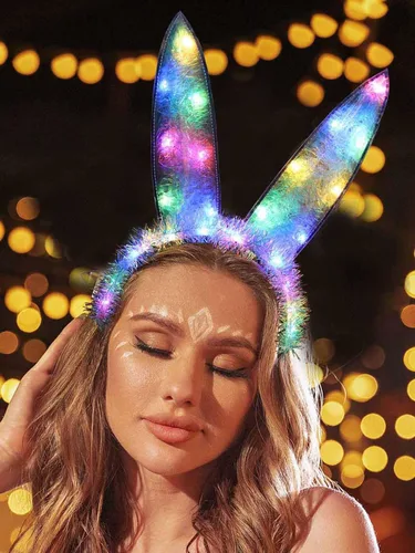 Vista 3 de Catery Diadema con luces LED, orejas de conejo, diadema rave, diadema de conejo, diadema de conejo, aro de cabeza brillante, carnaval, Halloween