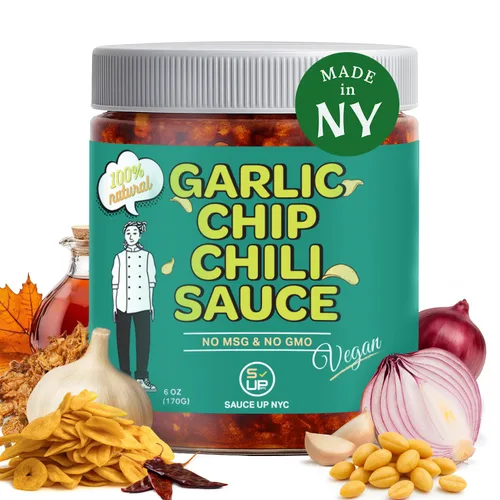 Vista 10 de SAUCE UP Salsa de chile con chispas de ajo Sabor Chipotle Totalmente natural, Keto, sin gluten, sin MSG Ajo frito, chiles mexicanos