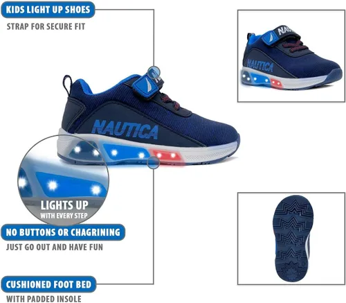 Vista 2 de Nautica Tenis deportivos con luz intermitente para niños con una correa, a la moda y divertida para niños y niñas, disponibles en tallas para niños