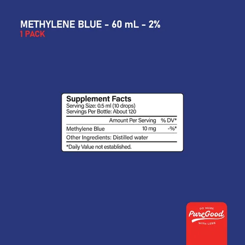 Vista 8 de PureGood Azul de metileno 2% líquido – 10 mg por porción de 0.0 fl oz – 2.0 fl oz (2.03 fl oz) – Aproximadamente 120 porciones – Probado por