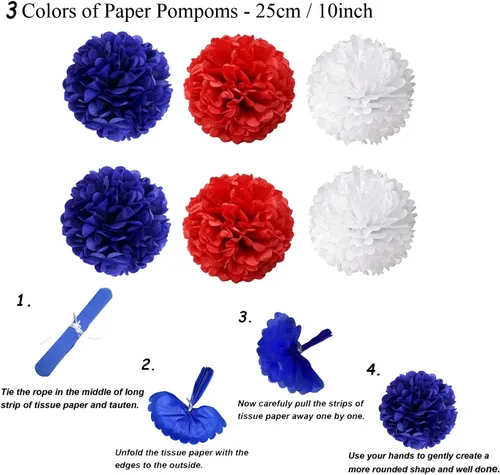 Vista 4 de ZERODECO Suministros de fiesta de Estados Unidos, juego de abanicos de papel azul marino y rojo, con pompones de estrella, remolinos colgantes