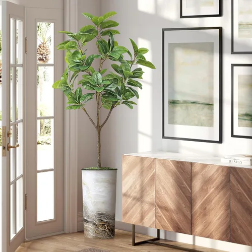 Vista 15 de Árbol artificial en macetero con efecto de granito moderno, palmera tropical areca artificial de seda para decoración del hogar en interiores
