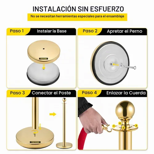 Vista 6 de VEVOR Cuerdas y postes de terciopelo, 2 piezas, cuerda de terciopelo rojo de 5 pies, poste de puntal con parte superior de bola, barreras de control