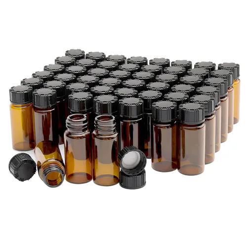 Vista 16 de Frascos de vidrio transparente de 0.2 fl oz con tapas de plástico de rosca, paquete de 100 botellas pequeñas de muestra líquida, frasco a prueba