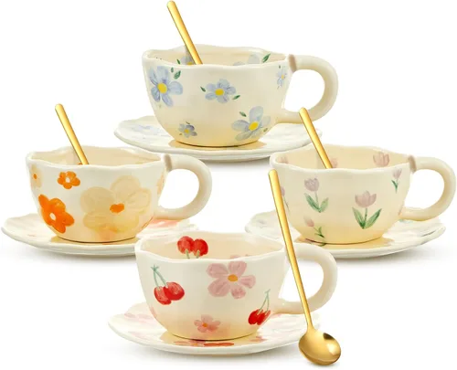 Vista 7 de Vesici 1 juego de tazas de café de cerámica con platillo y cuchara, bonitos regalos para el día de la madre para mamá, 8.5 onzas, taza de té floral
