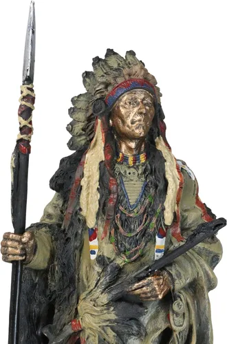 Vista 5 de Ebros nativo americano indio guerrero jefe en escudo de animal y tocado de batalla estatua fuerza y sabiduría líder de la tribu como decoración