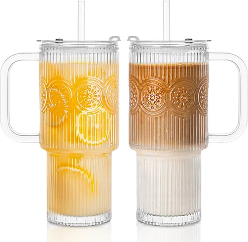 Vista 11 de INSETLAN Vaso de vidrio acanalado de 24 onzas con asa y tapa, paquete de 2 tazas grandes para café helado con pajitas, taza de vidrio moderna