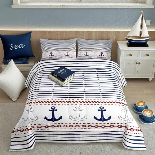 Vista 14 de Juego de edredón Lake House tamaño Twin, juego de ropa de cama náutica de navegación con ancla de 2 piezas para decoración de habitación de niños