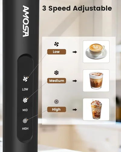 Vista 3 de AMOSA Espumador de leche de mano con soporte, espumador recargable con 3 velocidades y 3 cabezales, espumador de viaje con funda, mezclador de café