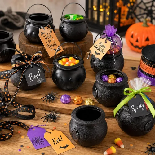 Vista 4 de LUOZZY 24pcs mini caldero de caramelo caldero Halloween caramelo cubo con mango decoración de fiesta de Halloween