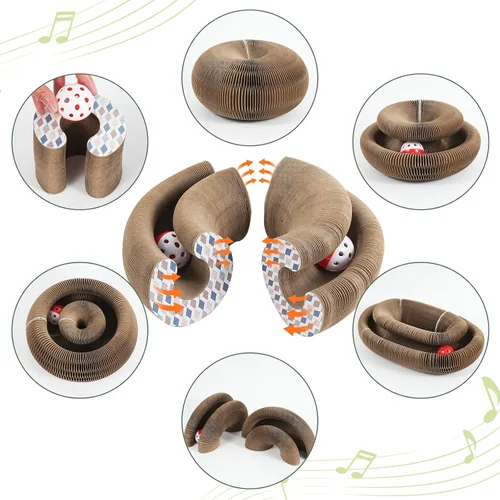 Vista 3 de SENCONE Organlada - Rascador de cartón para gatos con bola de campana, almohadilla plegable para rascar gatos, un juguete mágico para gatos