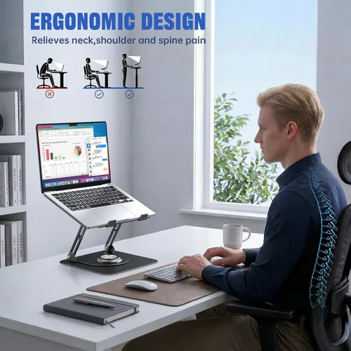 Vista 6 de JOYEKY Soporte para computadora portátil para escritorio, soporte de computadora ajustable con base giratoria de 360°, elevador ergonómico