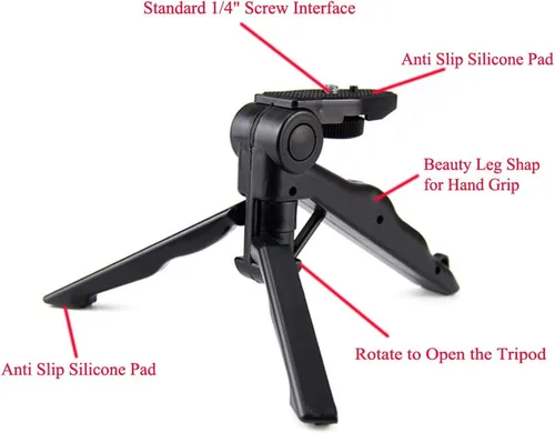 Vista 6 de Mini trípode de mesa plegable con agarre de mano con tornillo de 1/4 de pulgada compatible con Gopro/Smartphones/Cámaras compactas DSLR