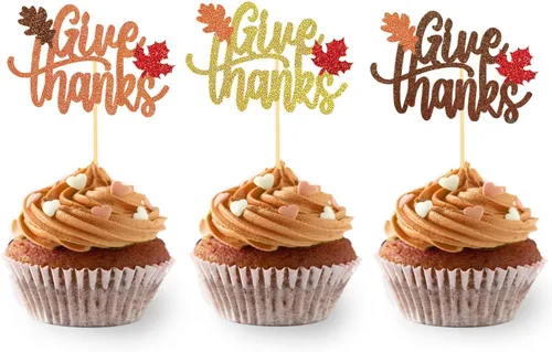 Vista 7 de 24 adornos de otoño para cupcakes para decoración del día de Acción de Gracias, lazo con purpurina para pasteles Thankful Blessed Grateful para Bow-a