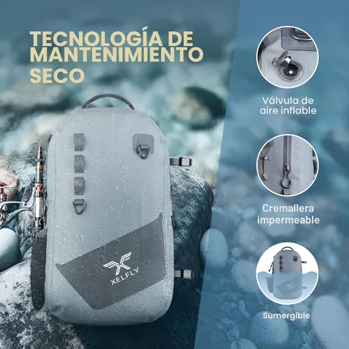 Vista 2 de Xelfly - Mochila de pesca impermeable con soporte para caña, válvula de aire inflable, correas acolchadas para la cintura y bucles para engranajes