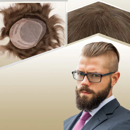 Vista 23 de Sistema de reemplazo de cabello humano para hombre, tupé para hombre, piel fina con parte superior de encaje mono y la parte trasera de poliuretano
