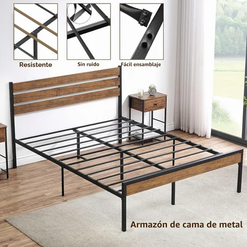 Vista 6 de Base de cama rústica tamaño Queen con cabecero, plataforma de metal, marco de cama de granja, listones de metal, marco de cama resistente