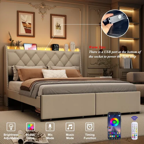 Vista 3 de Base de cama tamaño queen con cabecera de almacenamiento y 2 cajones, base de cama tapizada con botones capitoné, luces LED y estación de carga,