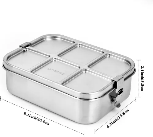 Vista 3 de UPTRUST Fiambrera Bento de acero inoxidable, 3 compartimentos, caja Bento de metal grande de 47.3 fl oz para niños o adultos, contenedor con clips