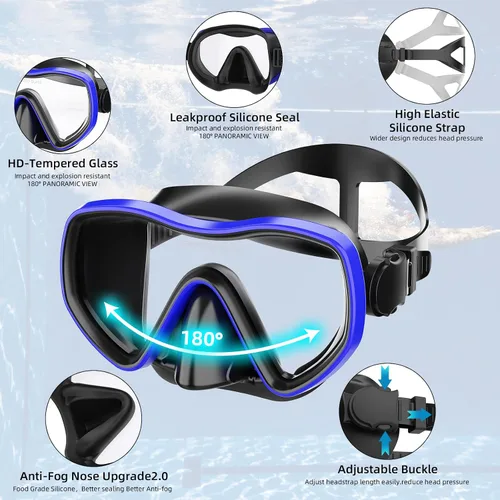 Vista 2 de Snorkeling Gear for Adults, Dry Snorkel Set 180° Panoramic Wide View Anti-Fog Scuba Diving Mask, Professional Snorkel Gear for Free Breathing