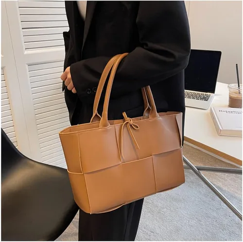 Vista 4 de Bolso bandolera grande de cuero tejido para mujer, bolso cruzado con asa superior para mujer, bolsa de trabajo con embrague a juego