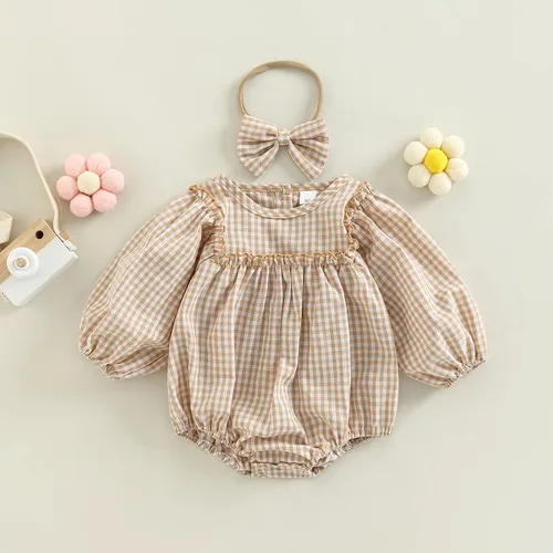 Vista 2 de Douhoow Mameluco a cuadros para bebé niña, sudadera con volantes, ropa para festivales de otoño e invierno con diadema