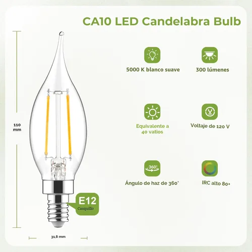 Vista 2 de Sigalux Bombilla de candelabro E12 equivalente a 40 vatios, bombillas LED regulables de 5000 K, luz blanca diurna CA10, bombilla LED E12