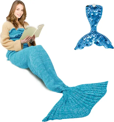 Vista 9 de AmyHomie Manta de cola de sirena, manta suave para niños, saco de dormir de sirena de ganchillo, regalo de sirena para niñas