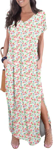 Vista 23 de GRECERELLE - Vestido largo para mujer, holgado, con bolsillos, manga corta y abertura lateral, estilo informal Verde militar