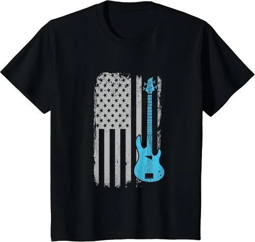 Vista 55 de Electric Bass Guitar Player American Flag Musician T-Shirt Asphalt Grey
