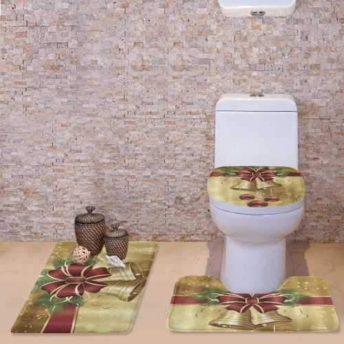 Vista 5 de FOR U DESIGNS Juego de tapetes de baño con moqueta, contorno y tapa, campana de lazo de Navidad, tapete decorativo suave para el hogar, dorado