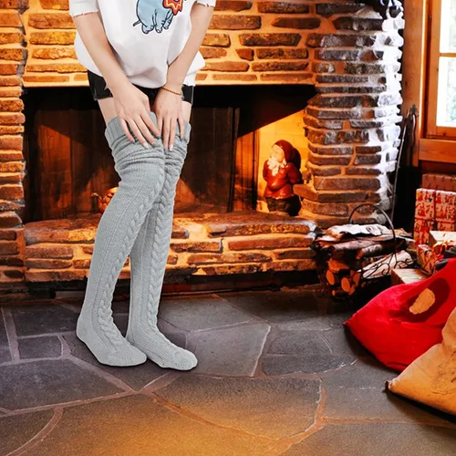 Vista 6 de VETHIN Calcetines de punto trenzado para mujer, para botas altas por encima de la rodilla, pierna larga, pierna de tubo para mujer, calentadores