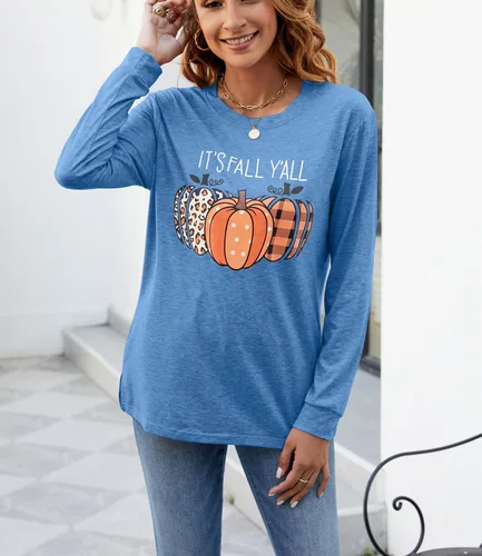 Vista 5 de Sudaderas con estampado de calabaza para mujer, cuello redondo, casual, manga larga para otoño