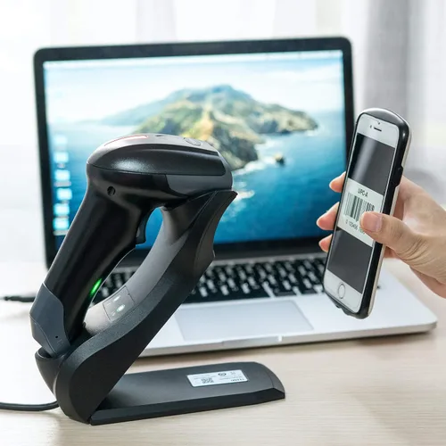 Vista 7 de TEEMI Escáner de código de barras Bluetooth 1D 2D con base USB inteligente montado en la pared, activación automática omnidireccional manos libres