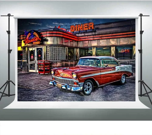 Vista 8 de Telón de Fondo de Rock Roll de los 50s para Diner, 1950s Coche Vintage Retro Nostalgia para Fotografía, 1.5x0.9m Telón de Fondo para Fotos
