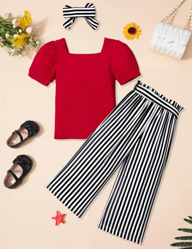 Vista 40 de DONWEN Conjunto de 3 piezas de ropa para niñas pequeñas y niñas con cuello cuadrado + pantalones elegantes + diadema para primavera y verano