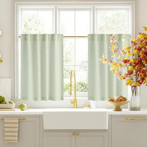 Vista 8 de RYB HOME - Cortinas de café de 24 pulgadas de largo, cortinas cortas de lino traslúcidas para ventana pequeña, cortina de media privacidad con Angora