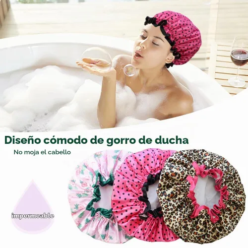 Vista 4 de Gorro de ducha de 3 piezas, gorro de ducha reutilizable impermeable, doble capa impermeable, gorro de ducha suave y cómodo con forro de EVA