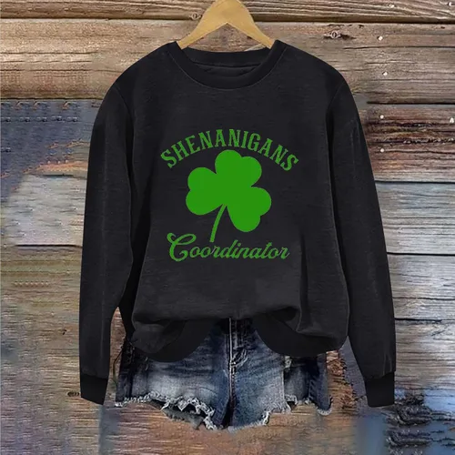 Vista 2 de Olivcker Camiseta del Día de San Patricio para mujer, de manga larga, con estampado de trébol, cuello redondo, camisetas gráficas de trébol