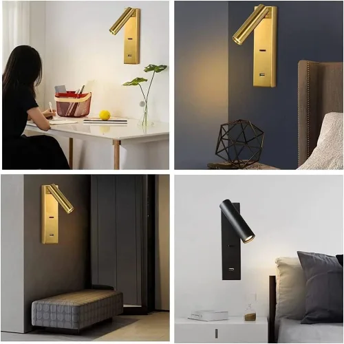 Vista 6 de Lámpara de pared para dormitorio, lámpara de lectura moderna para escritorio, foco LED con interruptor de botón y puerto de carga USB, luz giratoria