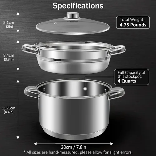 Vista 2 de AuFranc® olla de 4 cuartos de acero inoxidable 18/10 de tres capas con tapa de vidrio templado y vaporera, olla a vapor multiusos compatible