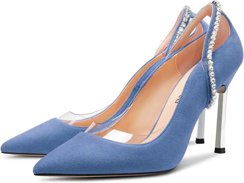 Vista 4 de Saekcted Zapatos de tacón alto con punta puntiaguda para mujer, con diamantes de imitación, para fiestas, transparentes, para verano, 3.9 pulgadas