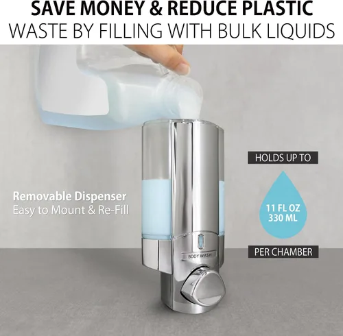 Vista 2 de Better Living Products 76245-1 AVIVA - Dispensador de dos cámaras, cromado 2 cámaras, ganchos integrados, instalación de pared plana, sin taladro