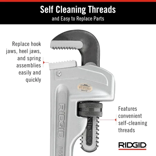 Vista 7 de RIDGID 31090 Llave de tubo recto de aluminio, llave de fontanería resistente de 10 pulgadas con hilos autolimpiantes y mordazas de gancho