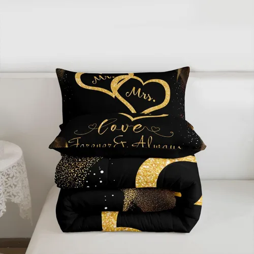 Vista 7 de Erosebridal Juego de edredón para parejas, juego de ropa de cama tamaño individual con lentejuelas doradas con purpurina dorada, edredón acolchado