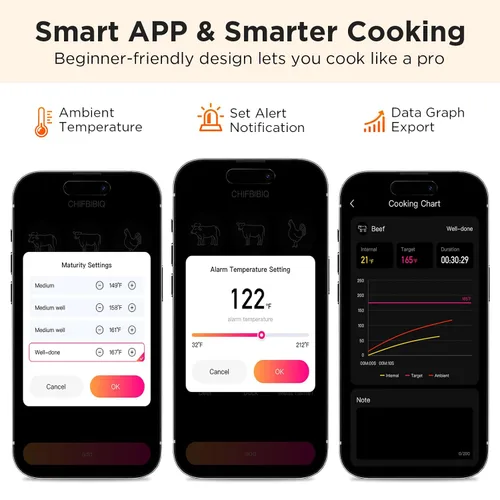 Vista 4 de Termómetro de carne Bluetooth Newise con aplicación inteligente, alcance inalámbrico de 800 pies y base LCD, sonda recargable, termómetro digital