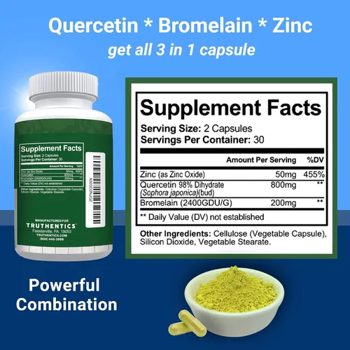 Vista 3 de Truthentics Quercetina con bromelina y zinc Plus Probiótico avanzado con prebióticos - Soporte inmunológico, respiratorio y digestivo - Sin gluten