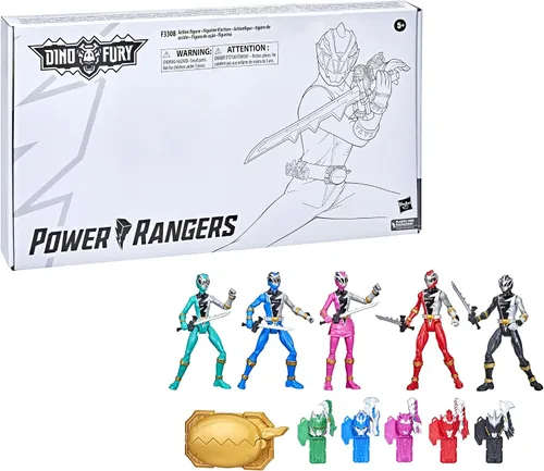 Vista 2 de Power Rangers Dino Fury 5 Team Multipack de figuras de acción de 6 pulgadas con llaves y accesorios de arma de sable Chromafury (exclusivo de Amazon)