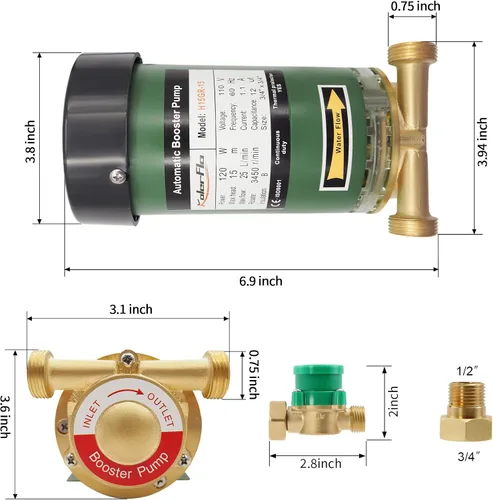 Vista 6 de Bomba de refuerzo de presión de agua de 120 W 115VAC, 396 GPH, 21.7 PSI Bomba de refuerzo automática para el hogar con interruptor de flujo de agua